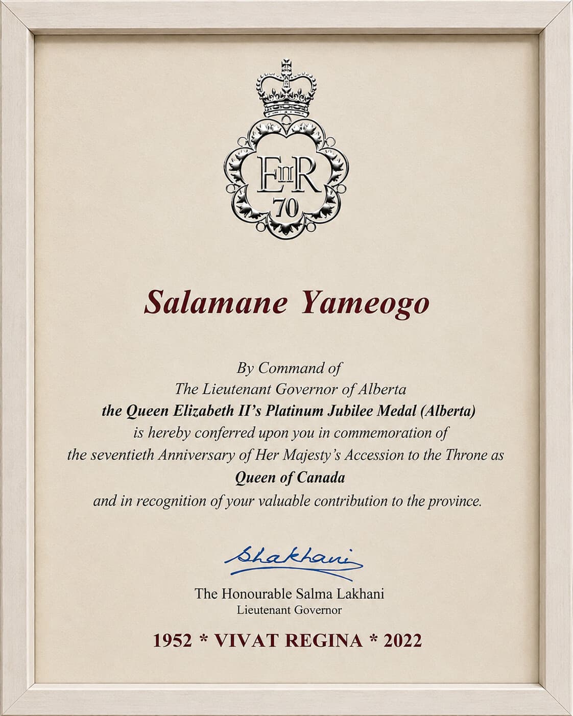 Queen Elizabeth II Platinum Jubilee Medal (Alberta) — The Lieutenant Governor of Alberta